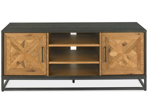 Mebel RTV z drewnianym dekorem i otwartą półką środkową