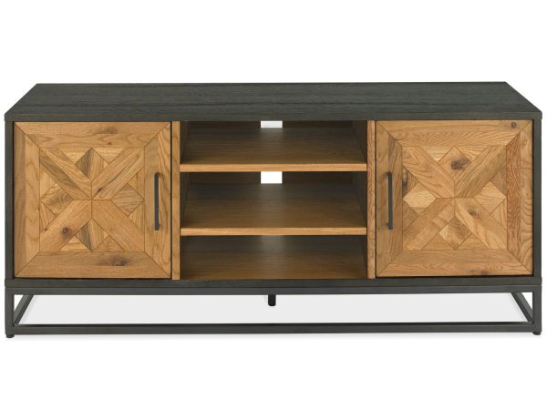 Mebel RTV z drewnianym dekorem i otwartą półką środkową