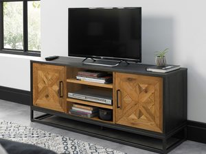 Miniaturka 4 - Szafka RTV z czarno-drewnianą podstawą i dekoracyjnymi frontami