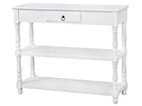 Drewniana konsola z dekoracyjnymi frontami i metalowymi uchwytami w stylu prowansalskim kolor biały