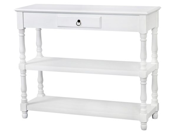 Drewniana konsola z dekoracyjnymi frontami i metalowymi uchwytami w stylu prowansalskim kolor biały