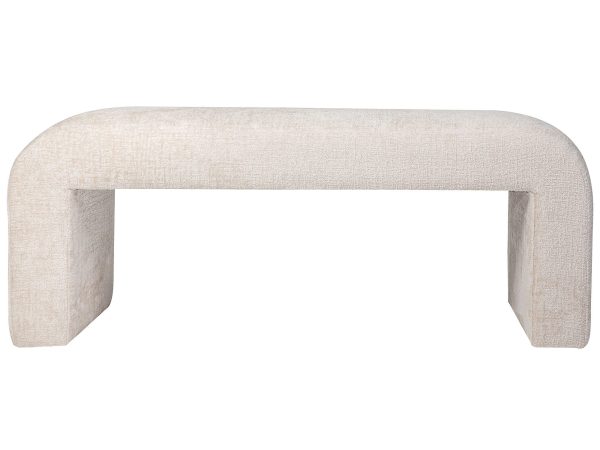 Aranżacja sypialni z ławką boucle w jasnym beżu