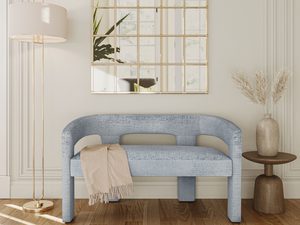 Miniaturka 2 - Stylowa ławka boucle w jasnym niebieskim odcieniu z prostym siedziskiem
