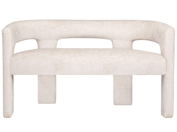 Beżowa ławka boucle z zaokrąglonym oparciem i minimalistycznym designem