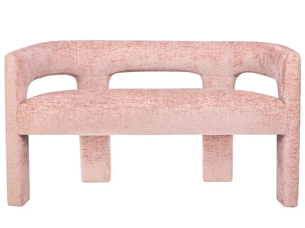 Nowoczesna ławka z różową tapicerką boucle i owalnymi kształtami