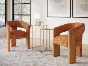 Miniaturka 4 - Rdzawo-pomarańczowe krzesła boucle w jadalni w stylu modern