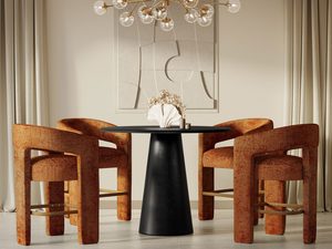 Miniaturka 3 - Aranżacja jadalni z rdzawymi krzesłami boucle i czarnym stołem