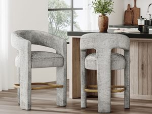 Miniaturka 2 - Szare krzesła barowe boucle w kuchennej aranżacji nowoczesnej
