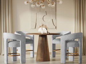 Miniaturka 3 - Jadalnia z szarymi krzesłami boucle przy okrągłym stole