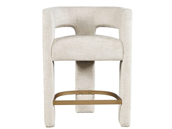 Beżowe krzesło tapicerowane boucle z podnóżkiem i owalnym oparciem