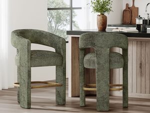 Miniaturka 2 - Zielone krzesło barowe boucle z podnóżkiem i okrągłym oparciem