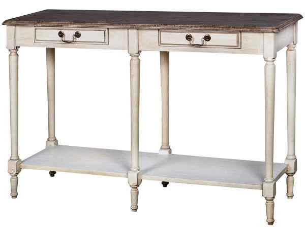 Drewniana konsola z dekoracyjnymi frontami i metalowymi uchwytami w stylu prowansalskim kolor biały