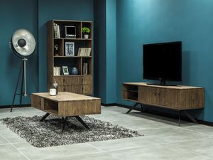 Miniaturka 7 - Zestaw drewnianych mebli do salonu w stylu nowoczesnym z regałem i szafką RTV