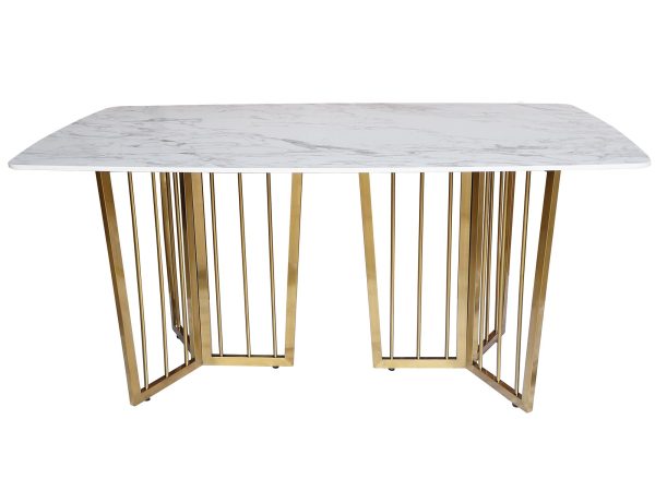 Stół jadalniany z marmurowym blatem i złotymi metalowymi nogami