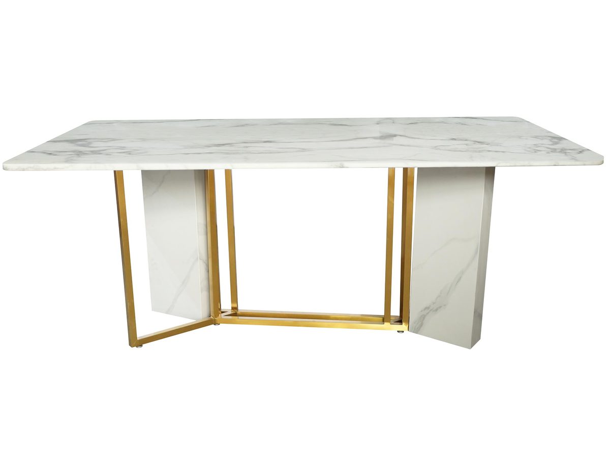 Stół 180cm z białym blatem imitującym marmur i złotymi stalowymi nogami – Virtus