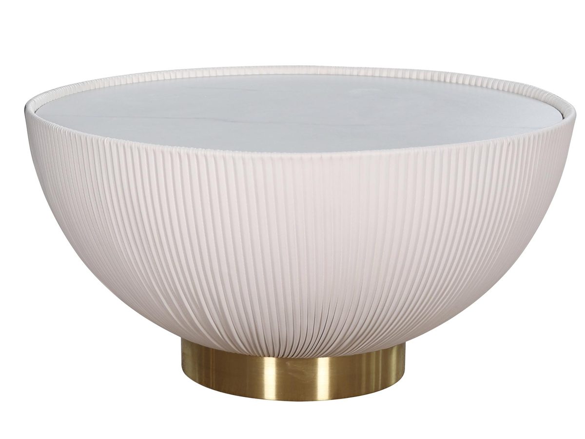 Stolik kawowy z nowoczesną złotą podstawą i białym blatem marmur – Virtus