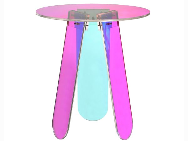 Różowy stolik szklany z niebieskimi nogami i owalnym blatem