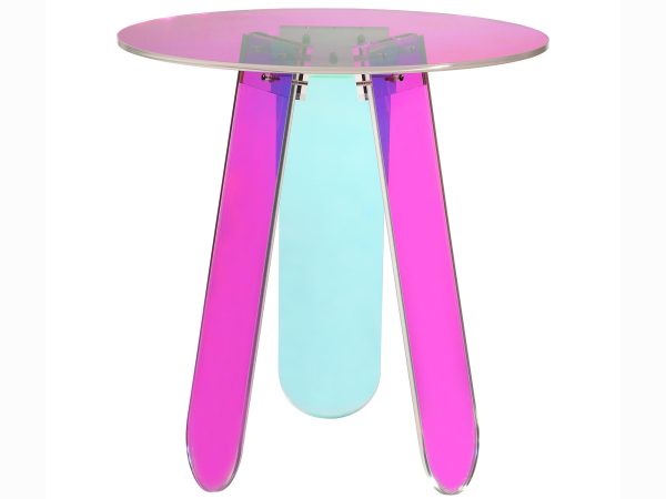 Szklany stolik z różowymi i turkusowymi nogami do nowoczesnych wnętrz