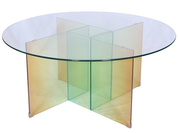 Nowoczesny stolik szklany z wielokolorową podstawą w stylu pop-art