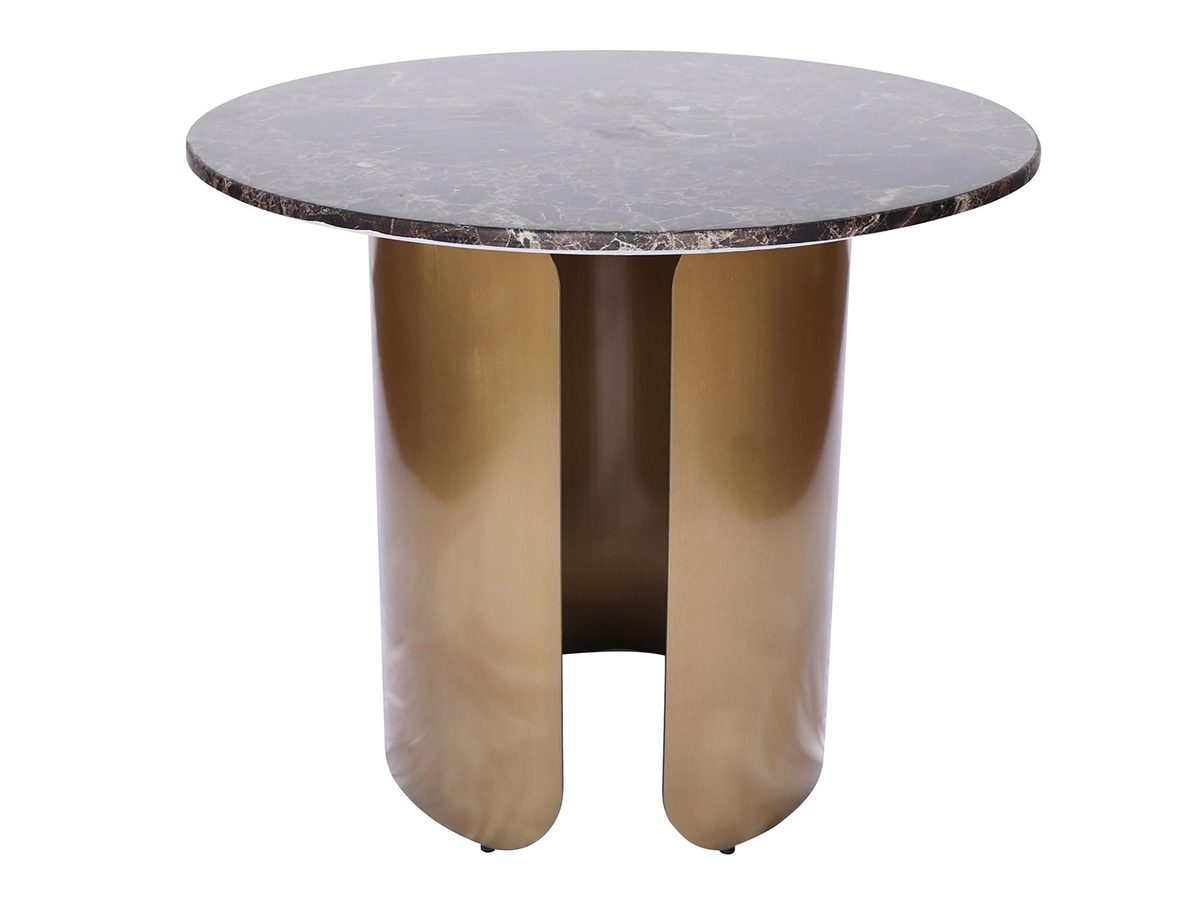 Stolik okrągły z brązowym blatem i złotymi nogami w formie tafli – Virtus