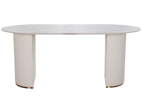 Nowoczesny owalny stół z marmurowym blatem i białymi nogami