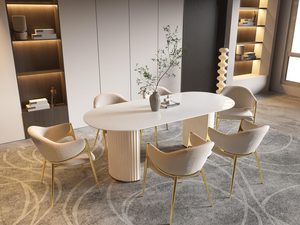 Miniaturka 5 - Luksusowy biały stół jadalniany z owalnym blatem i złotymi krzesłam