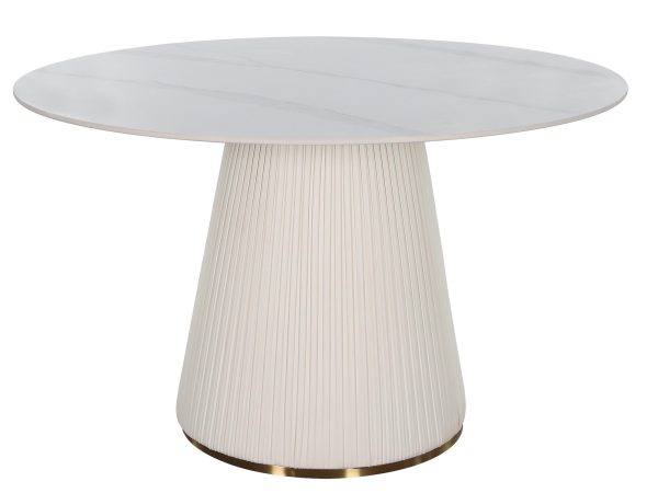 Stół okrągły z białym marmurowym blatem i elegancką podstawą