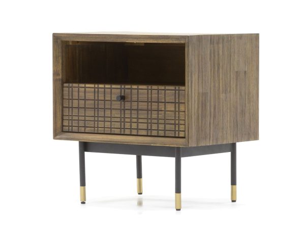 Drewniana szafka nocna z otwartą półką i metalową podstawą