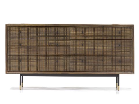 Komoda z szerokim frontem z drewna akacji i plecionki na czarnych nogach