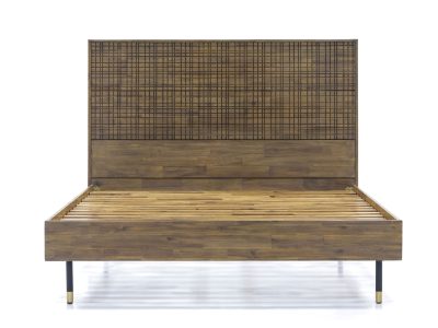 Łóżko retro drewniane z metalowymi nogami i złotymi detalami – Enigma