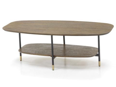 Stolik kawowy drewniany z półką i złotymi akcentami