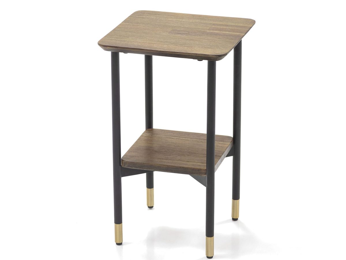 Stolik drewniany retro z metalowymi nogami i złotymi akcentami – Enigma