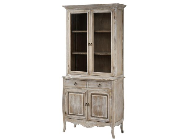 Drewniana witryna z przeszklonymi drzwiami i dekoracyjnymi frontami w stylu rustykalnym kolor jasny brąz