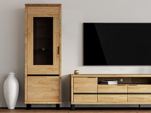 Miniaturka 6 - Witryna z przeszkleniem obok niskiej szafki RTV z szufladami