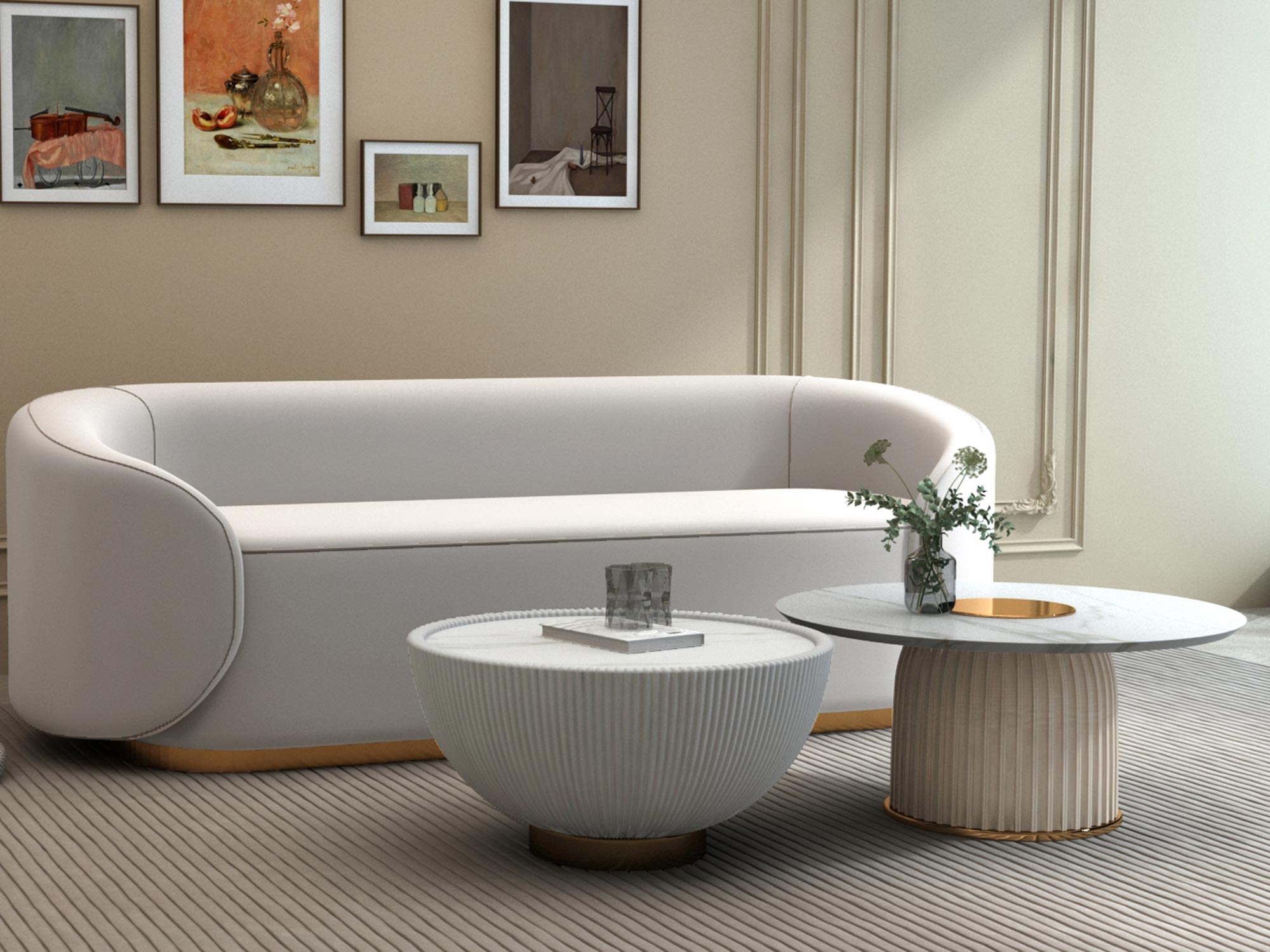 Minimalistyczny salon z białą sofą i okrągłym stolikiem ryflowanym Minimalistyczny salon z białą sofą i okrągłym stolikiem ryflowanym