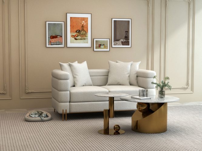 Elegancka dwuosobowa sofa w kolorze białym ecru z tkaniną boucle – Zenith