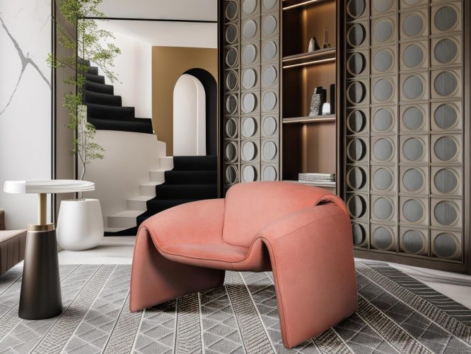 Fotel Różowy Brzoskwiniowy z Welurową Tkaniną w Geometrycznym Stylu – Zenith