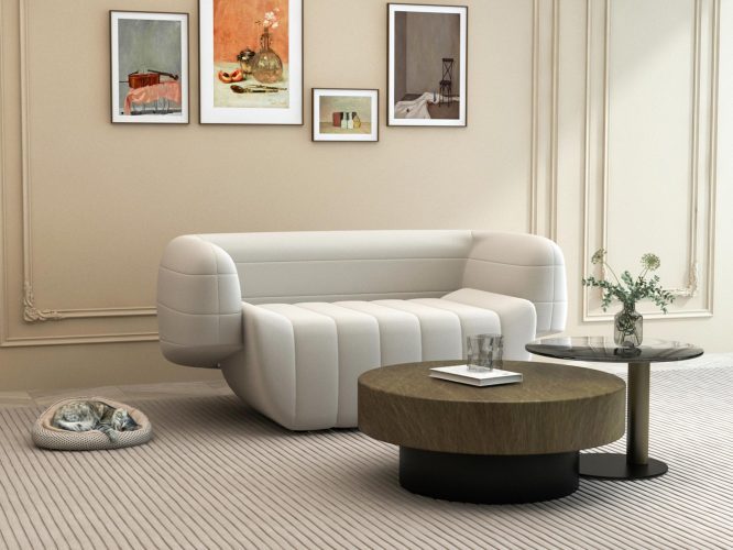 Sofa w stylu Mid Century z białym welurowym materiałem – Zenith