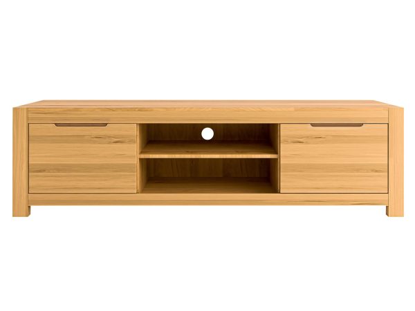 Drewniana szafka RTV z trzema przegródkami i miejscem na sprzęt