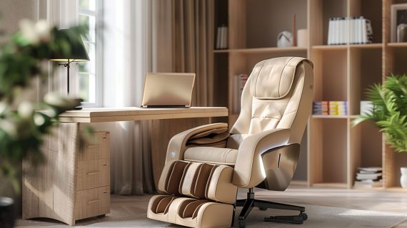Nowoczesne biuro z czarnym fotelem masującym i eleganckimi dodatkami