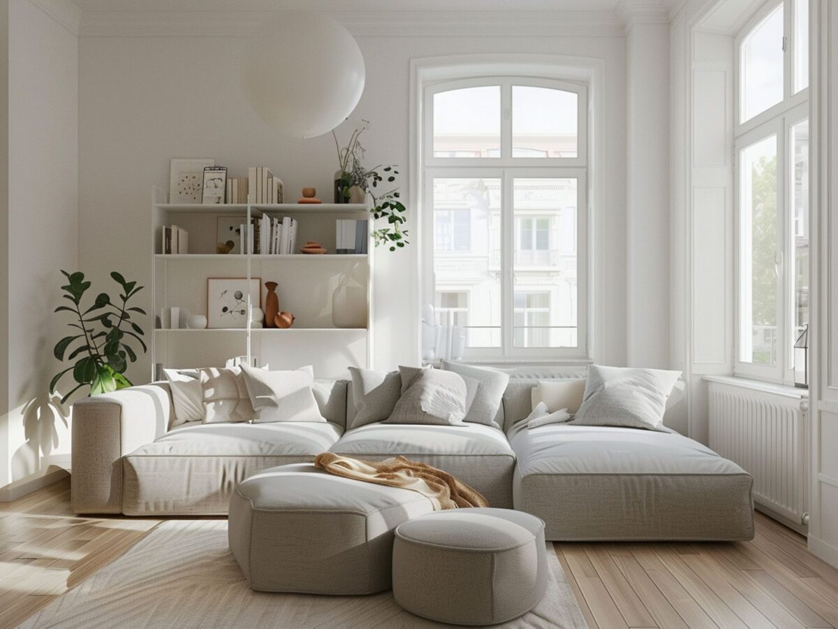 Nowoczesny salon z jasną sofą modułową i białymi regałami