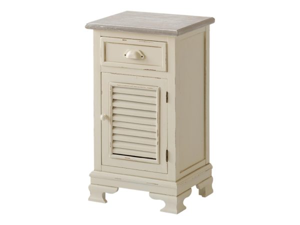Mała biała szafka nocna z żaluzjowymi drzwiczkami vintage