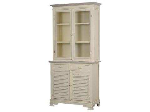 Drewniany kredens z przeszklonymi drzwiami i dekoracyjnymi frontami w stylu prowansalskim kolor kremowy
