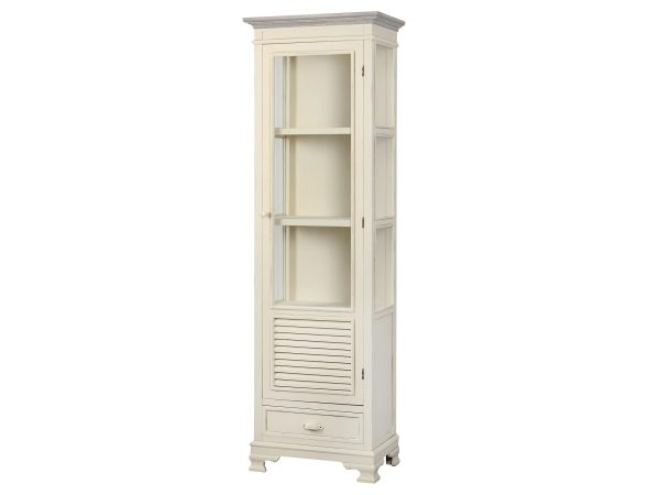 Drewniana witryna z przeszklonymi drzwiami i dekoracyjnymi frontami w stylu prowansalskim kolor kremowy