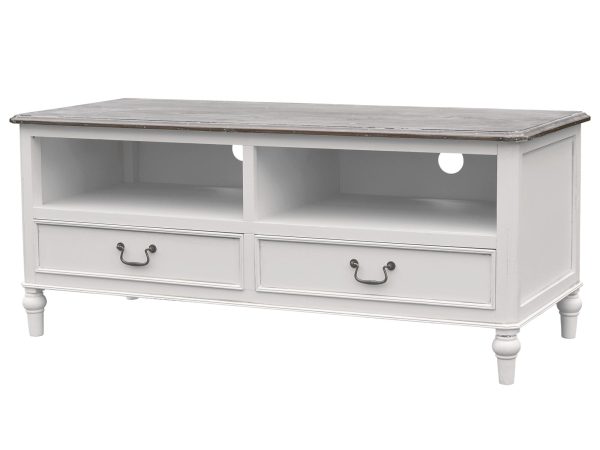 Drewniana szafka RTV z ciemnobrązowym blatem