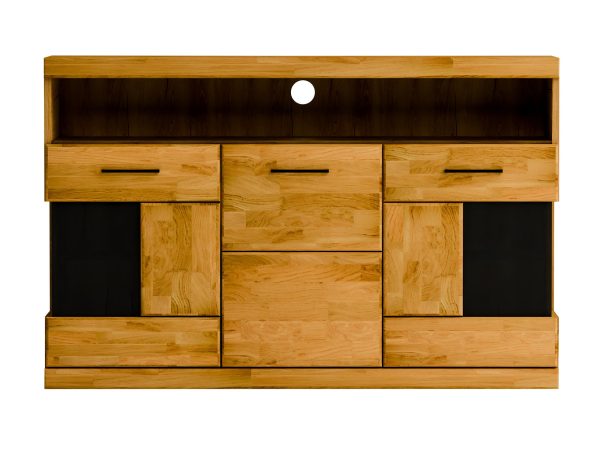 Drewniana szafka RTV z przeszkleniem i wnęką