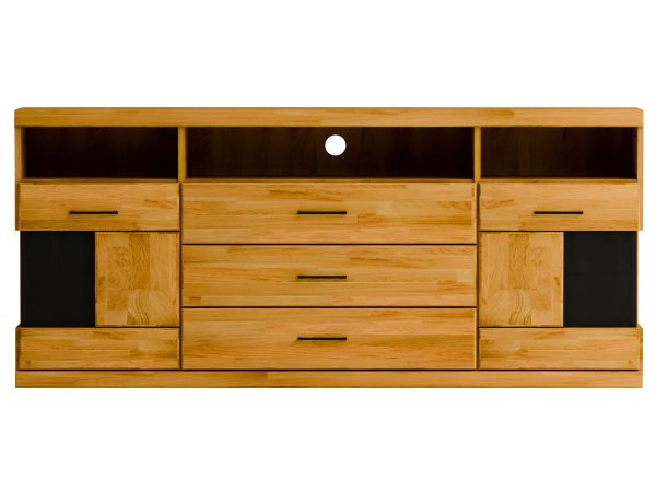 Szafka RTV z szerokim blatem i czarnymi frontami szuflad