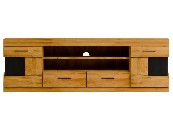 Mebel RTV z miejscem na sprzęt i czarnymi elementami