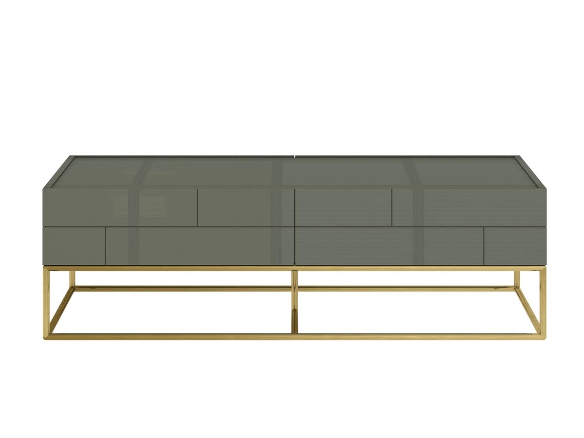 Ława modern classic w cementowej zieleni z kontrastującymi złotymi nogami – Blossom Grove