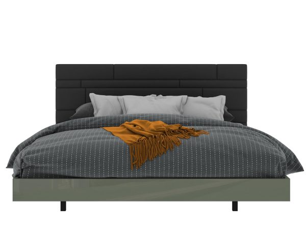 Łóżko z ciemnym zagłówkiem i niskim stelażem w stylu minimalistycznym